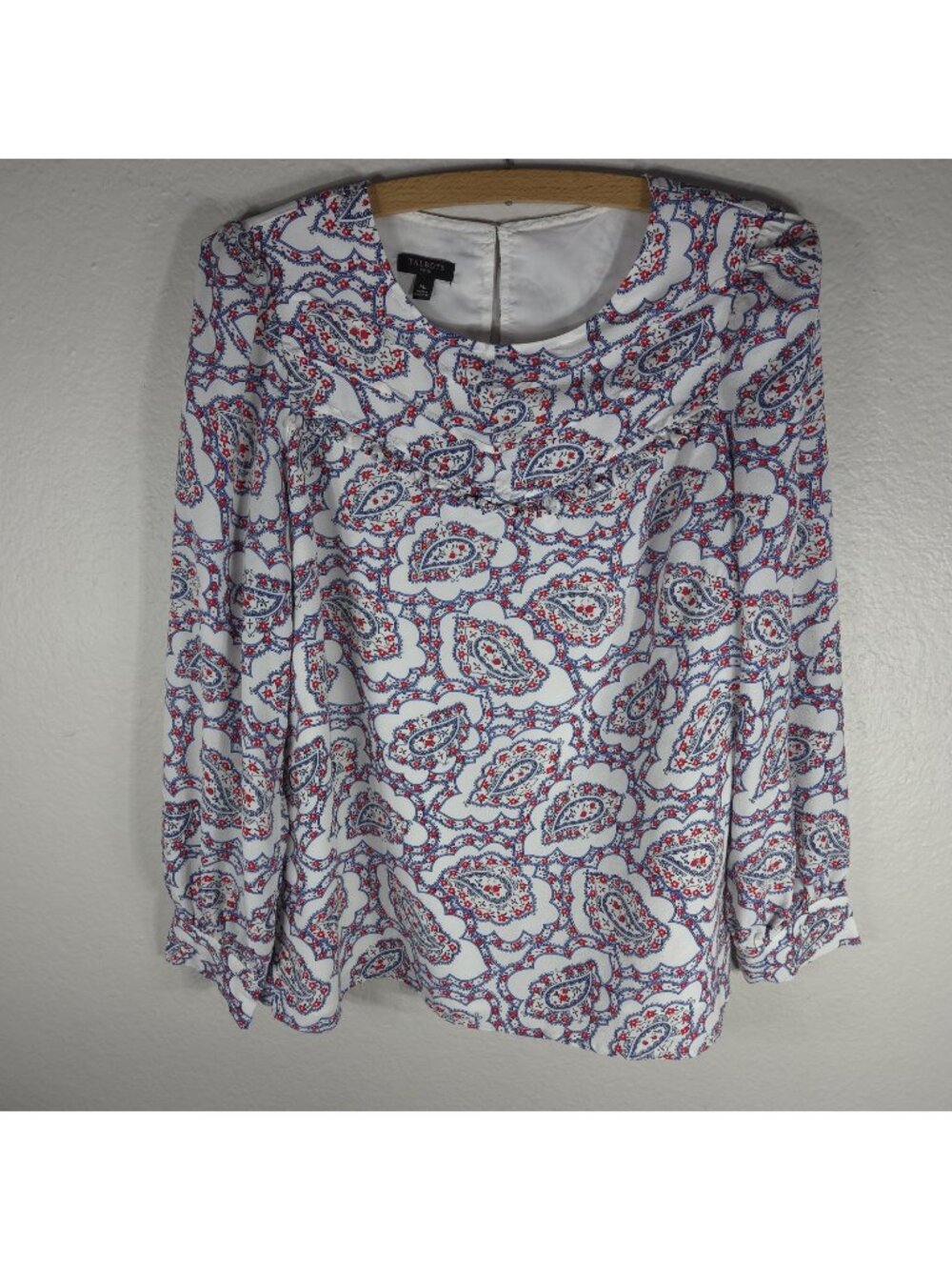 Talbots Petite PS Pasley Ruffle Top Blouse White Blue Long Sleeve Crew Neck